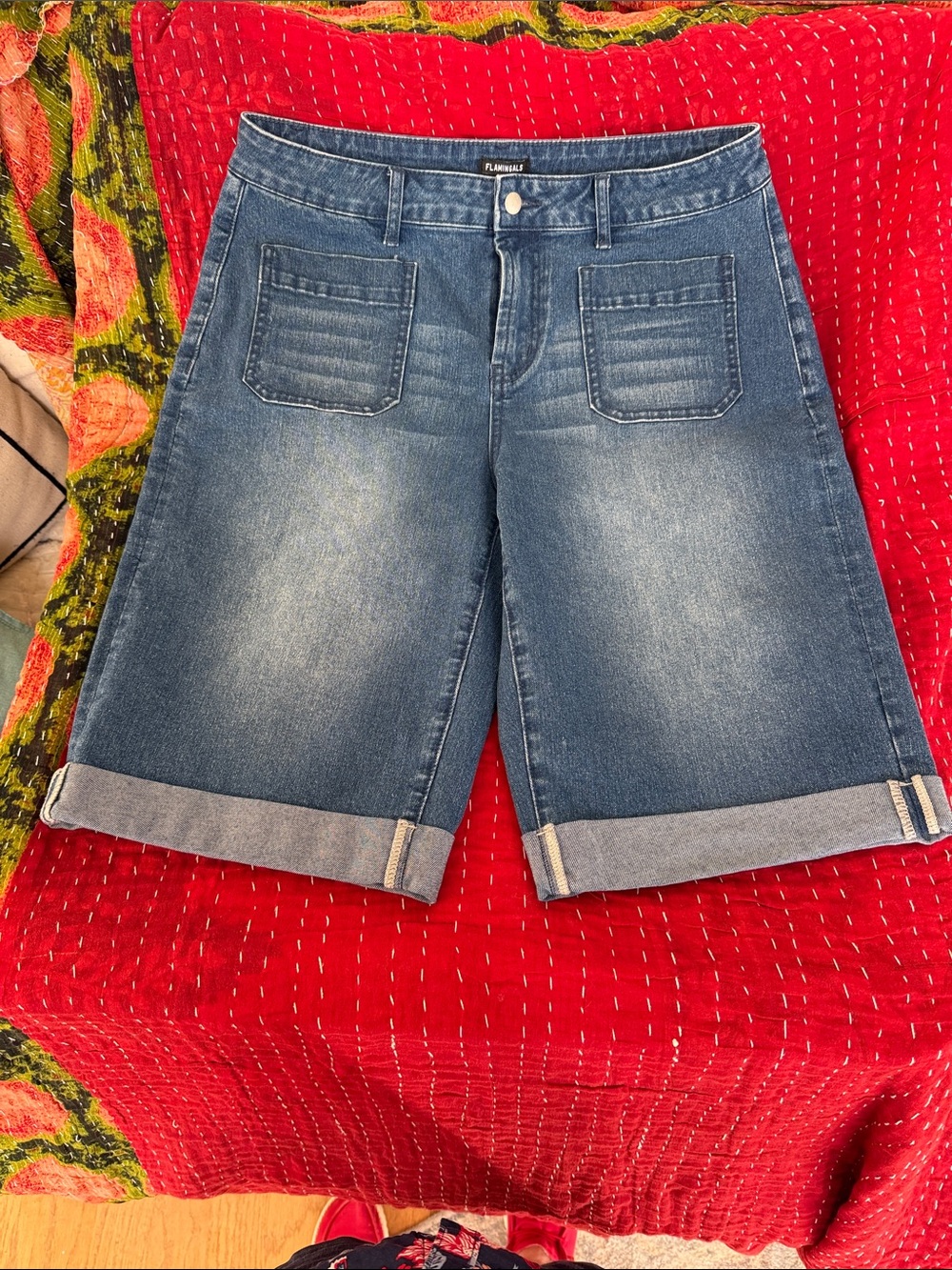 Flamingals Women's Rolled-Cuff Denim Bermuda Shorts in Washed Blue